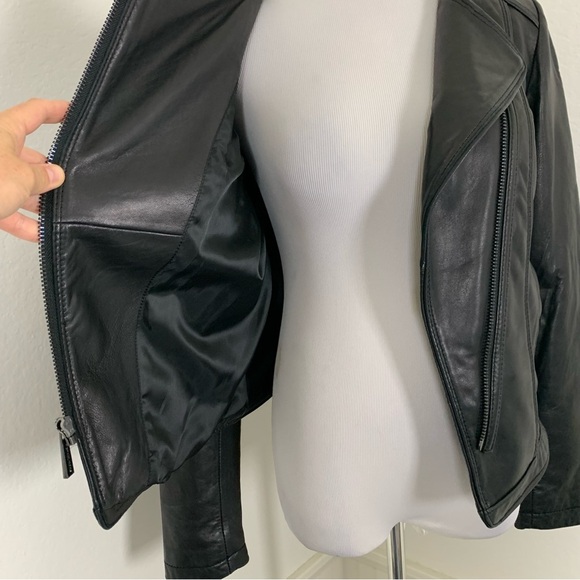 Michael Kors Genuine Leather Asymmetrical Zip Moto Jacket  Womens S Butter Black - Picture 3 of 17